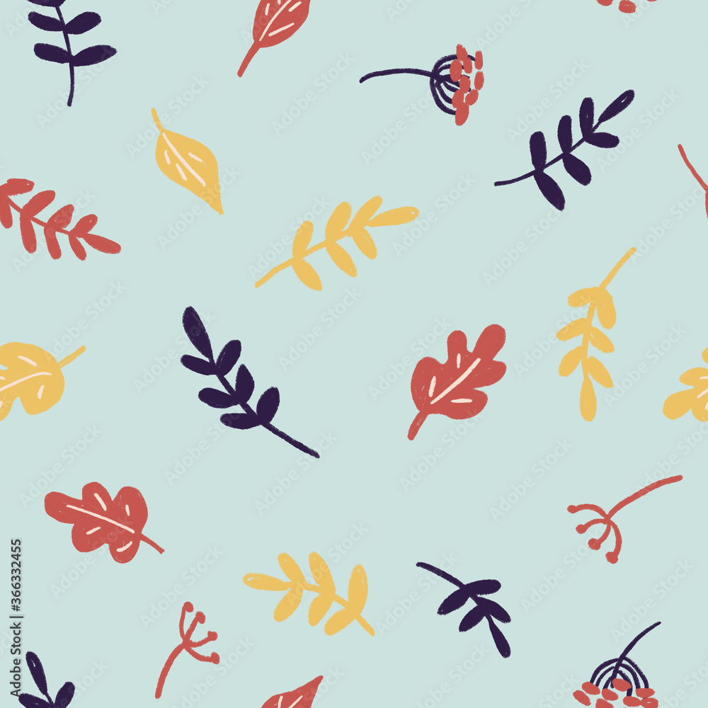 Autumn leaves seamless pattern on cyan background in childish style. Texture for kids fabric, wrapping, textile, wallpaper, apparel. 