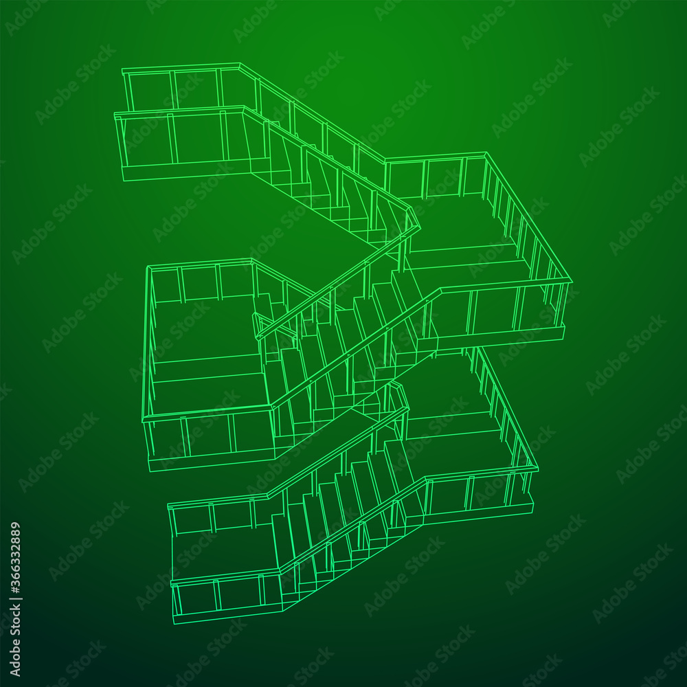 Wireframe stairs, interior staircases steps with railing. Wireframe low poly mesh vector illustration. Wireframe stairs, interior staircases steps with railing. Wireframe low poly mesh vector illustration.