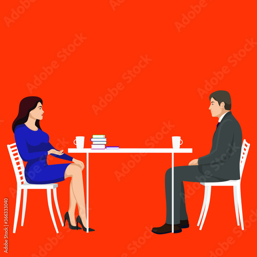 Woman and man sitting sideways at the tabe. Business people talking. Office clerk working with customer. Cartoon people cafe meeting, conversation.  Flat style illustration. 