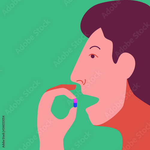 Taking the medicine capsule concept. Head with open mouth and a hand holding medical pill. A man taking a medicine. Flat vector illustration.