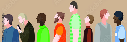 Men waiting in queue vector illustration. Man only crowd long line standing.  Man hipster, tall male, smiling, looking at his phone, bearded men. 