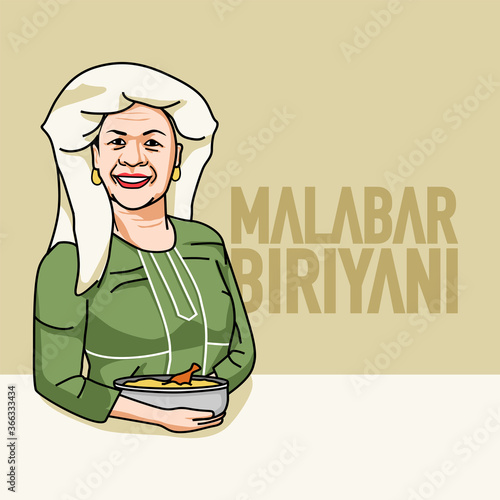 Kerala Malabar Muslim women with  biryani with text