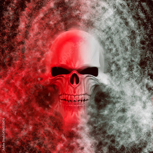 Red and white demon skull disintegrating into millions of particles