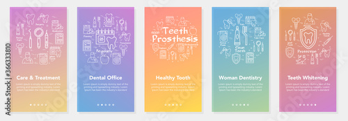 Vertical five banners with line concept of dentistry - teeth prosthesis and woman dentistry