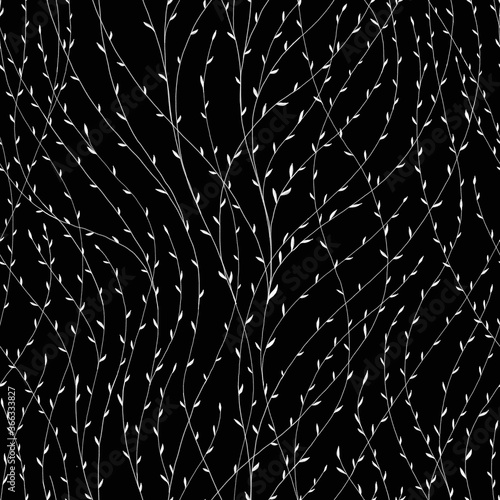 Abstract digital art nature seamless pattern With white contours of twigs with leaves on black background. Template for design, textile, wallpaper.