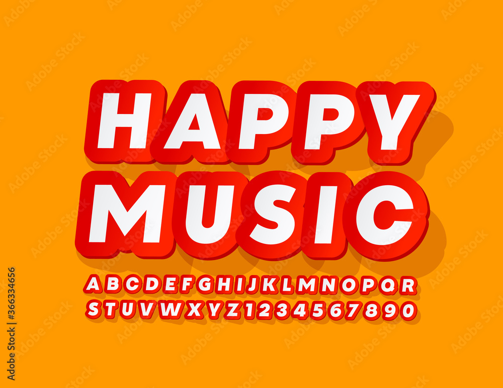Vector bright poster Happy Music. Red and White creative Font. Sticker style Alphabet Letters and Numbers