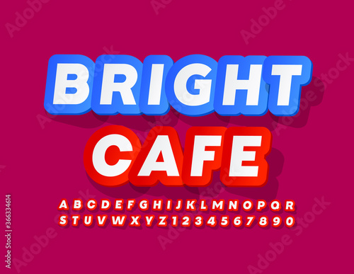 Vector creative sign Bright Cafe with Red and White sticker Font. Trendy Alphabet Letters and Numbers