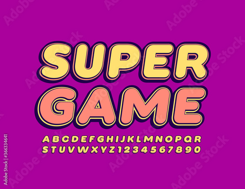 Vector entertainment sign Super Game. Bright trendy Font. Creative Alphabet Letters and Numbers set