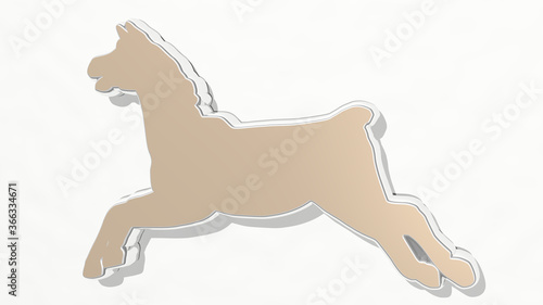 HORSE made by 3D illustration of a shiny metallic sculpture on a wall with light background. animal and beautiful photo