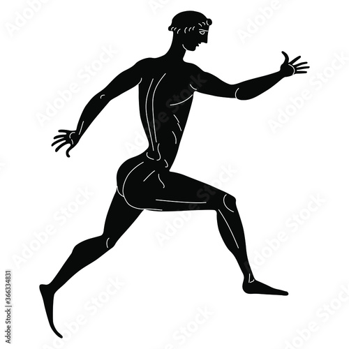 Running ancient Greek man. Antique athlete. Black and white silhouette.
