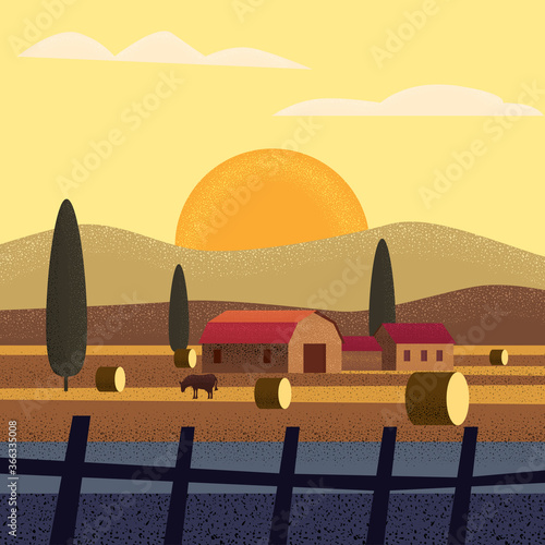 Rural farm landscape field country house, cows. Summer hills sunset farmland