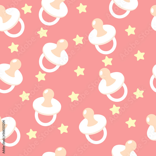 Seamless pattern in cartoon style for children's textiles, wallpaper, packaging, sites. Baby  white pacifier and stars on a pink background.