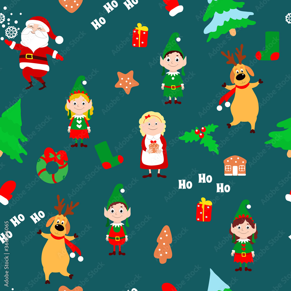 Christmas seamless pattern for packaging, gifts, textiles, festive wallpapers. Christmas trees, Santa Claus, Mrs Santa Claus, deer, elf, wreath, gingerbread cookies on a dark blue-green background.