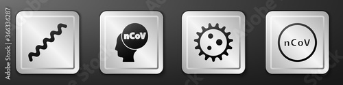 Set Virus, Corona virus 2019-nCoV, Virus and Corona virus 2019-nCoV icon. Silver square button. Vector.