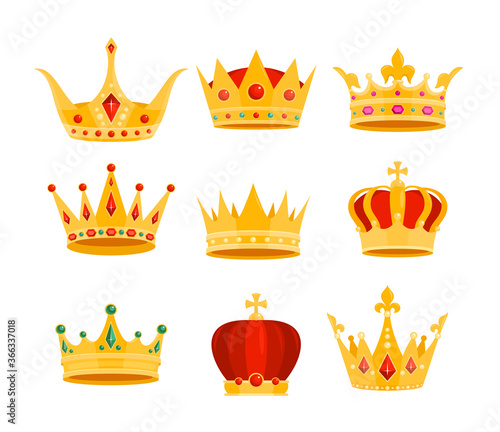 Golden crown vector illustration set. Cartoon flat gold royal medieval collection of monarchy symbols, crown on head for king, emperor or queen isolated on white