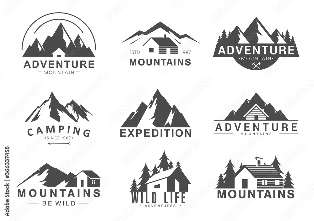 Mountain logo flat vector illustration set. Design element sign logo stamp collection of camping outdoor tourism adventure, rocky mountain peaks, life in wilderness Mountain logo flat vector illustration set. Design element sign logo stamp collection of camping outdoor tourism adventure, rocky mountain peaks, life in wilderness