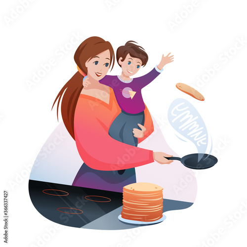 Mother cooks family breakfast food vector illustration. Cartoon flat mom character cooking yummy pancakes, holding boy child in hands, happy motherhood isolated on white