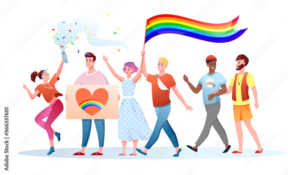 LGBT pride parade vector illustration. Cartoon flat happy gays lesbians characters holding LGBT rainbow flag on festival parade for human rights, tolerance and love