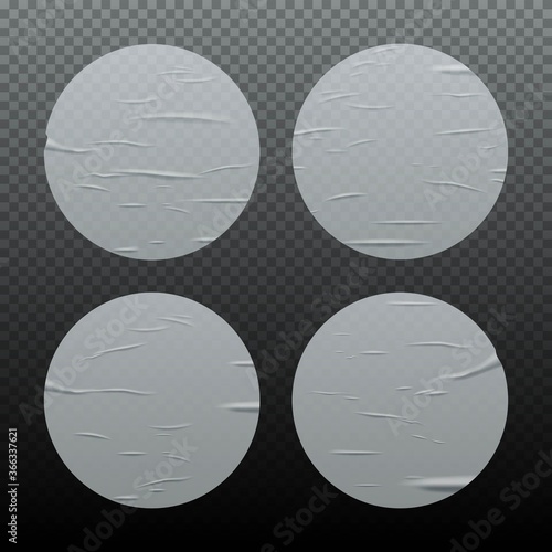 Glued round stickers set isolated on transparent background. Vector realistic crumpled posters bundle. Wet greased wrinkles blank template. Empty advertising circles mockup