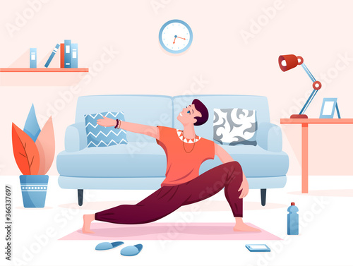 Home yoga practice flat vector illustration. Cartoon happy man character practicing yogi asana exercises in home living room interior, healthy lifestyle background