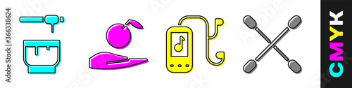 Set Honey dipper stick and bowl, Apple in hand, Music player and Cotton swab for ears icon. Vector.