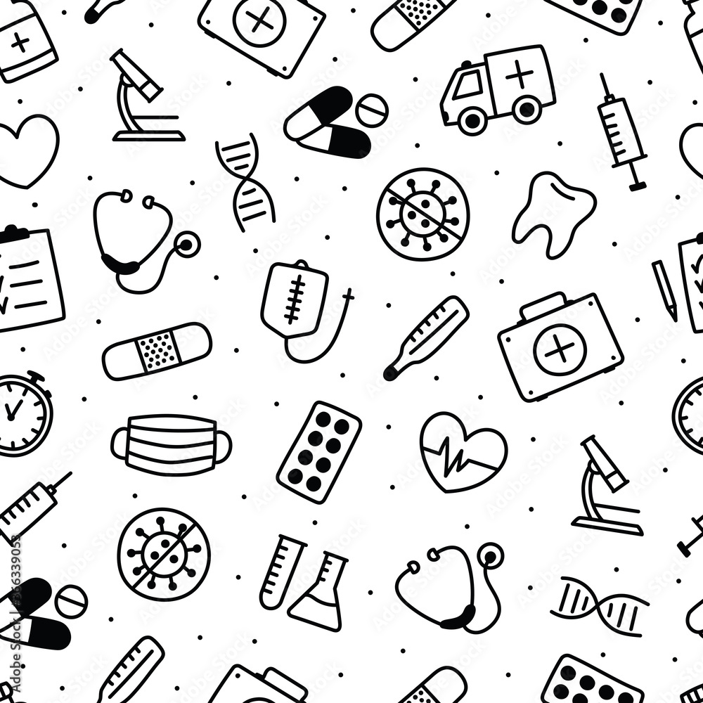 Fototapeta Seamless pattern with black and white health objects. Hand drawn style