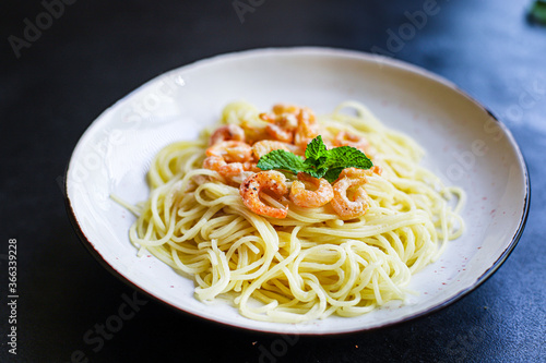 pasta shrimp spaghetti creamy seafood sauce main dish food background top view copy space for text organic healthy eating
