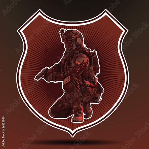 Vector Police arm logoTactical Shoot. Armed police military preparing to shoot with automatic rifle.
