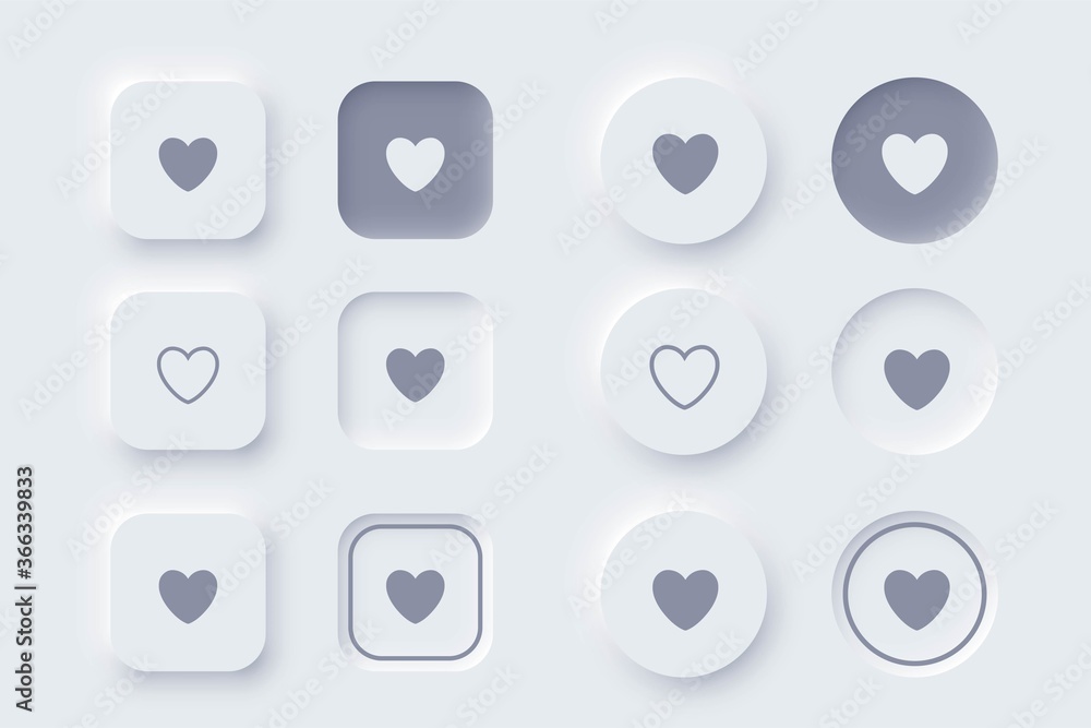 Buttons hearts square or round shapes Neomorphism UI design Buttons hearts square or round shapes Neomorphism UI design
