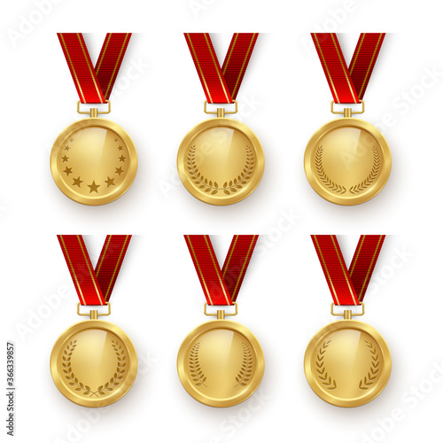 Vector 3D realistic golden sports medals set