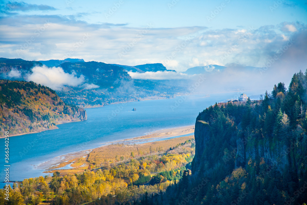 View of the Columbia River Gorge, looking east,  on a cold fall morning.  Crown point is in the forground