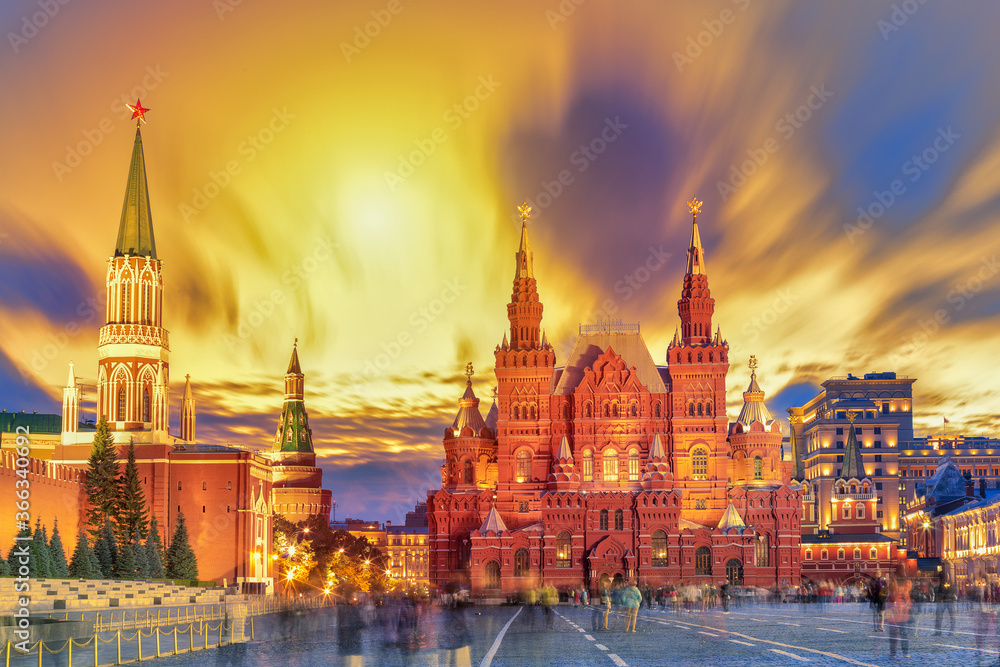 Sunset view of the Red Square, Moscow Kremlin, Lenin mausoleum, historican Museum in Russia. World famous Moscow landmarks for tourism and travel.