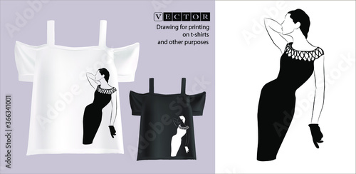 Fashionable pattern for a t-shirt. Vector drawing of a stylish lady. Isolated sketch of a female silhouette.