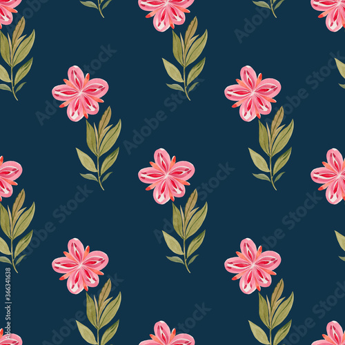 Botanical pattern. Watercolor pattern for design  print  wallpaper. Drawn flowers and leaves on a blue background.