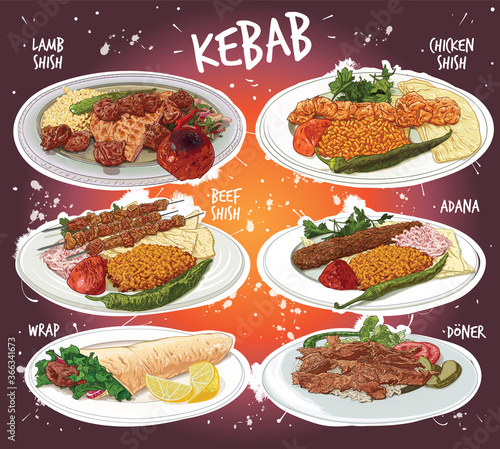 Hand drawn vector set of delicious kebabs.