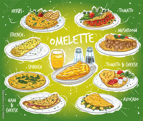 Hand drawn vector set of omelette varieties.