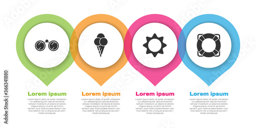 Set Binoculars, Ice cream in waffle cone, Sun and Lifebuoy. Business infographic template. Vector.