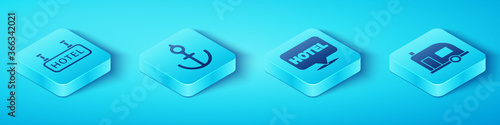 Set Isometric Signboard with text Hotel, Anchor, Rv Camping trailer and Location hotel icon. Vector.
