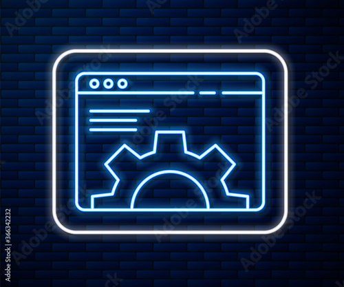Glowing neon line Browser setting icon isolated on brick wall background. Adjusting, service, maintenance, repair, fixing. Vector Illustration.