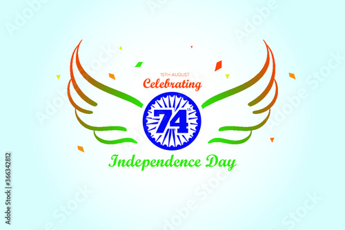 15th august India Independence Day celebration with wings and 74th Independence Day text calligraphy