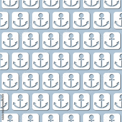 White anchor on pale blue background  seamless pattern. Paper cut style with drop shadows and highligts.