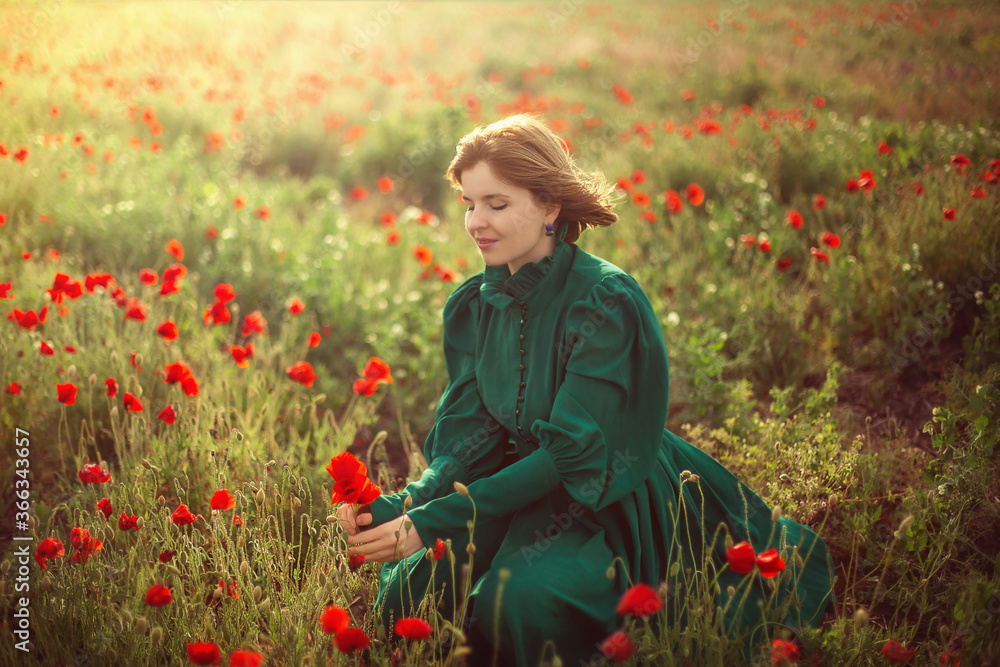 girl tears poppies on a poppy field in the rays of sunlight girl tears poppies on a poppy field in the rays of sunlight