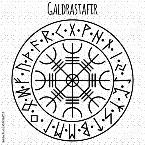 Galdrasta r. Magic Navigation Compass of ancient Icelandic Vikings with scandinavian runes.
