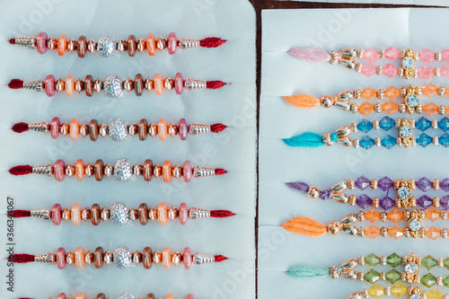 Directly above shot of various kinds of rakhi during the Raksha bandhan festival photo