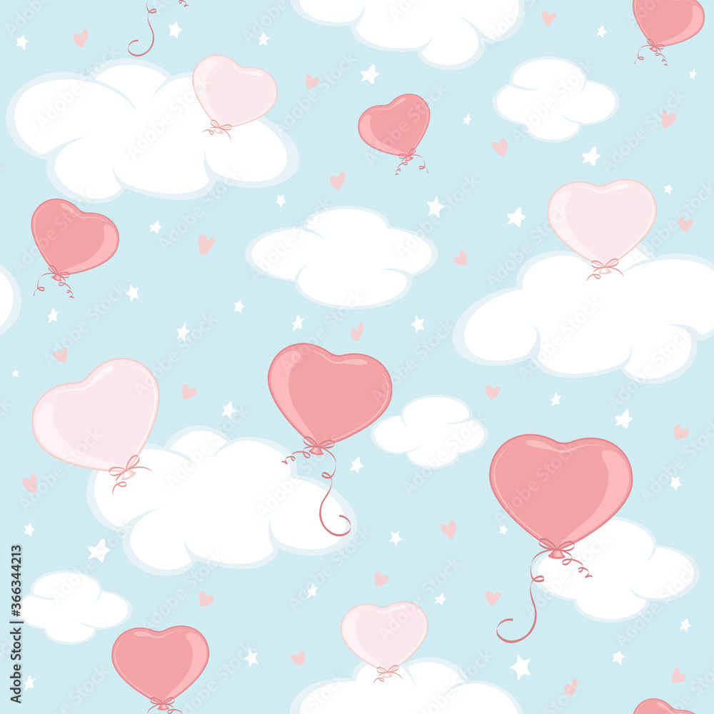 Seamless Background with Valentines Hearts and Clouds on Blue Sky
