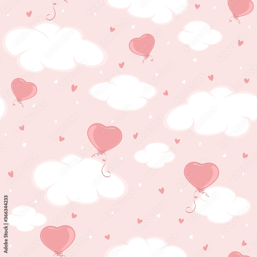 Seamless Background with Valentines Hearts and Clouds on Pink Sky