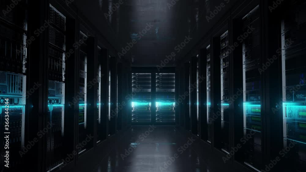 Cloud data server panels in a server room of a data center with security scanner. Dolly Shot in 4K High Quality Animation Cloud data server panels in a server room of a data center with security scanner. Dolly Shot in 4K High Quality Animation