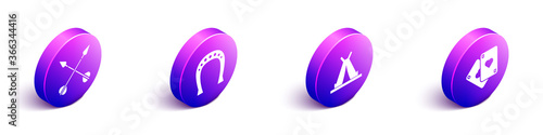 Set Isometric Crossed arrows, Horseshoe, Indian teepee or wigwam and Playing cards icon. Vector.