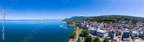 Obraz na płótnie Aerial view of Evian (Evian-Les-Bains) city in Haute-Savoie in France