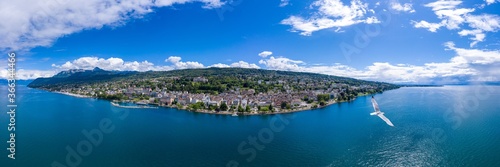 Aerial panoramic view of Evian (Evian-Les-Bains) city in Haute-Savoie in France